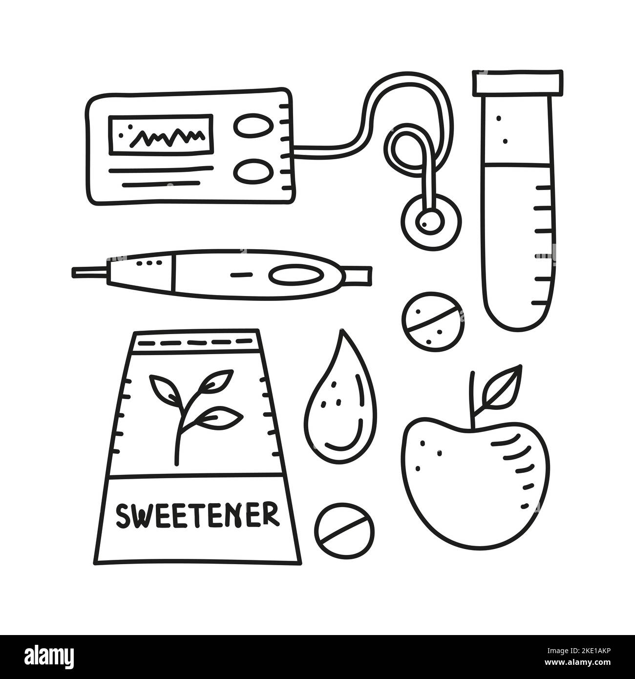 Ensemble de doodle Outline articles de diabète, y compris tube à essai, pilules, stylo d'insuline, pompe, pomme, édulcorant, goutte de sang isolée sur fond blanc. Peut être Illustration de Vecteur