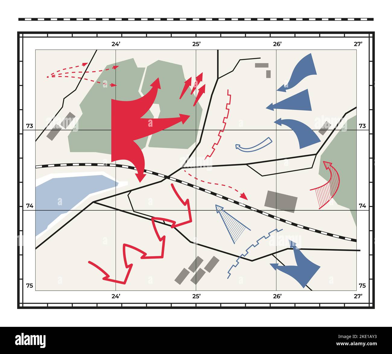 Carte de guerre. Plan de défense de combat de la géographie avec icônes de flèches de navigation, pointeurs d'attaque de reconnaissance cartographie concept de topographie. Illustration vectorielle Illustration de Vecteur