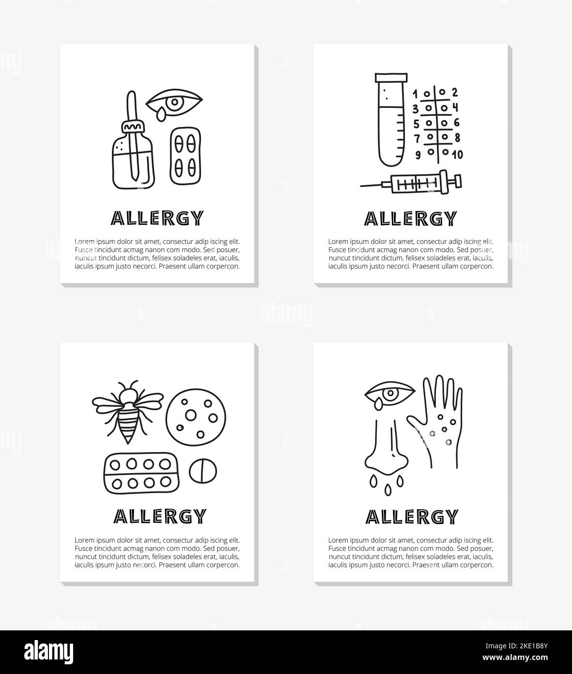 Cartes avec les icônes d'allergie de contour de doodle, y compris l'éruption cutanée, l'écoulement oculaire, l'abeille, flacon de pipette, seringue, comprimés blister, tube à essai, nez, main isola Illustration de Vecteur