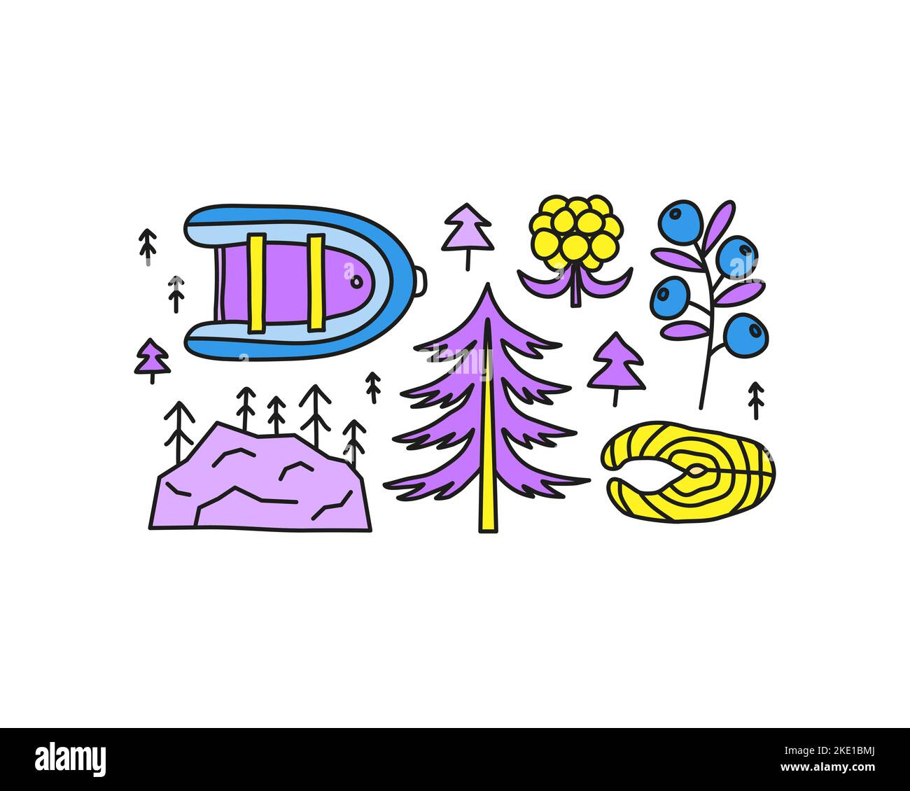 Groupe de boisés forêt naturelle colorée, icônes de camp comprenant bateau, rochers, sapins, pin, steak de saumon, myrtille, myrtille isolée sur le dos blanc Illustration de Vecteur