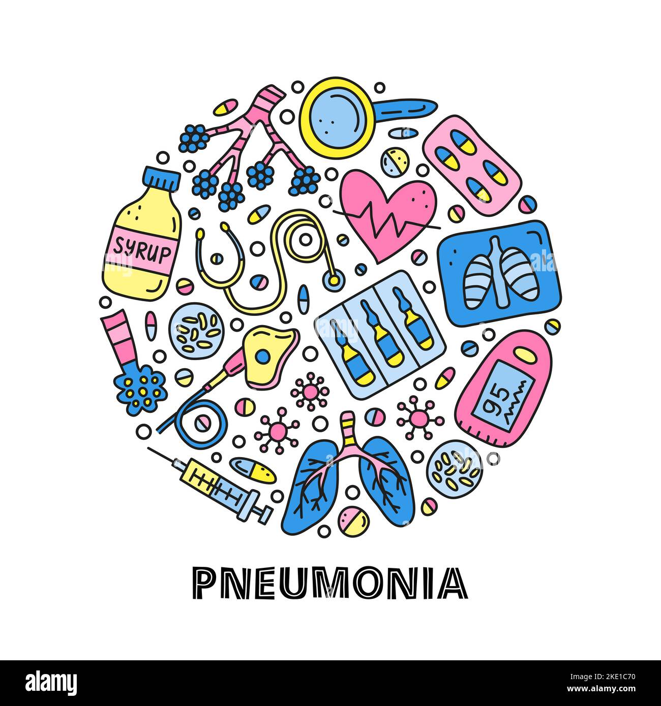 Affiche avec des lettres et des icônes de pneumonie de couleur doodle  comprenant des alvéoles, des poumons, des rayons X, du sirop contre la toux,  du cœur, ventilateur usi, oxymètre de pouls,
