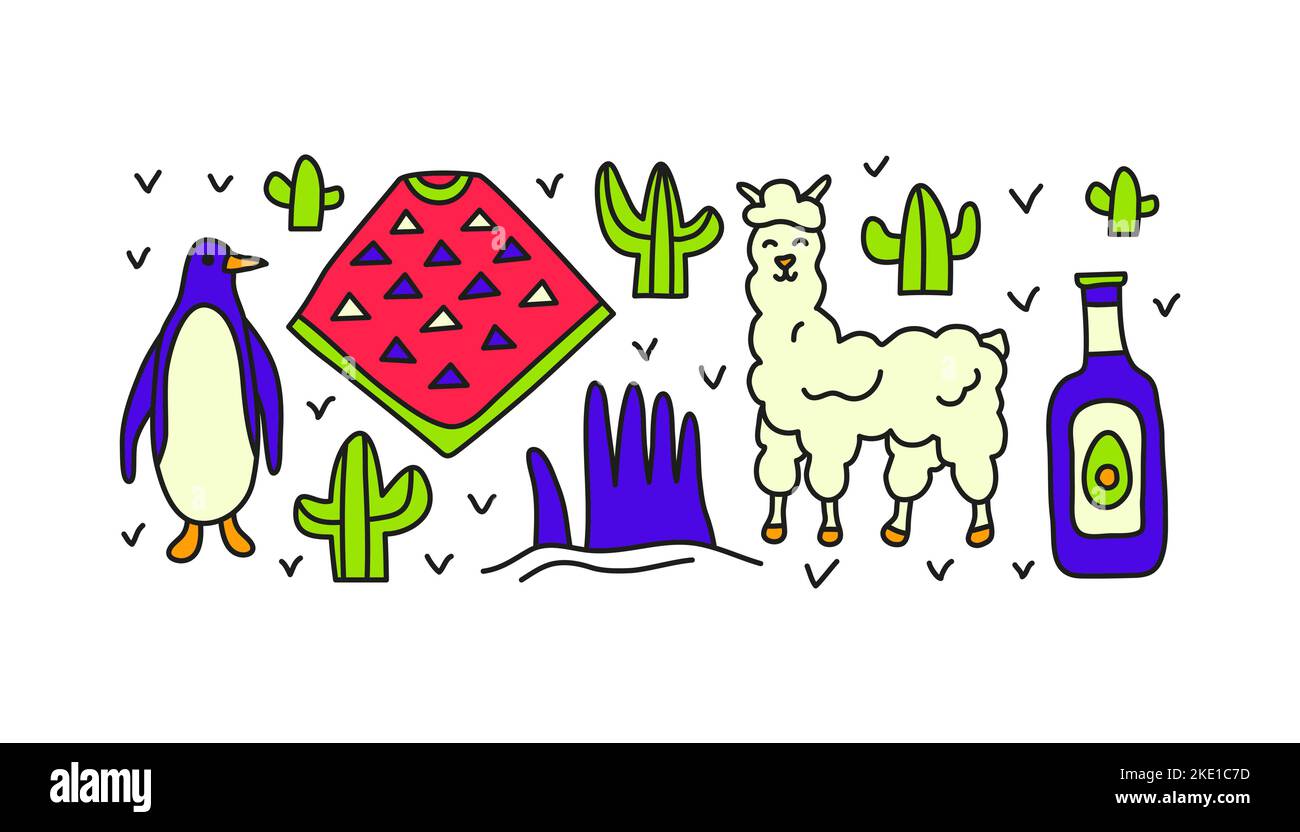 Groupe d'icônes chiliennes de couleur doodle, y compris le pingouin, le poncho, l'alpaga, la main géante dans le désert d'atacama, l'huile d'avocat, les cactus isolés sur le backgroun blanc Illustration de Vecteur