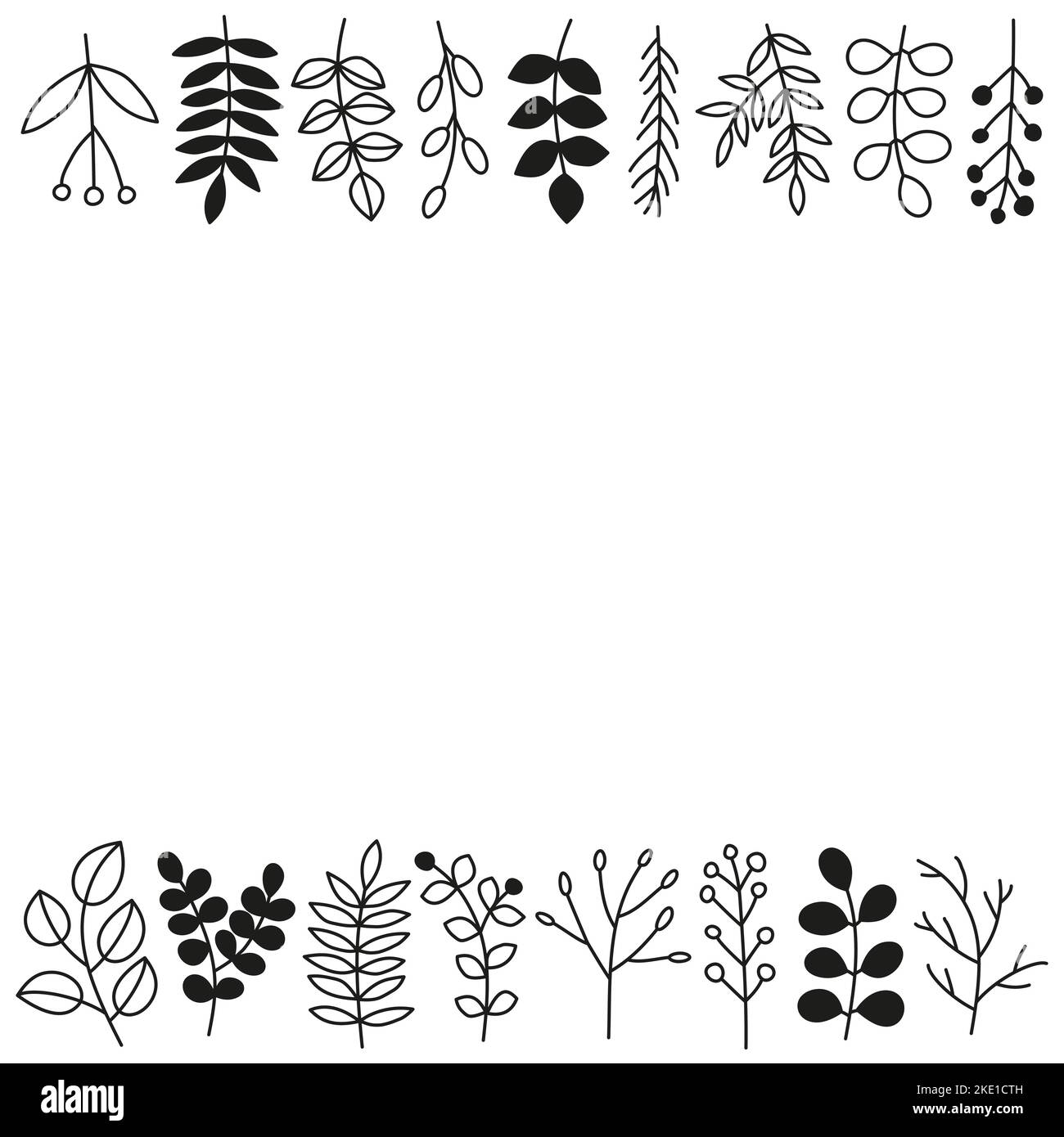 Affiche avec sobriété noir et contour brindilles feuillues, herbes sauvages, plantes, baies, espace vide pour le texte isolé sur fond blanc. Illustration de Vecteur