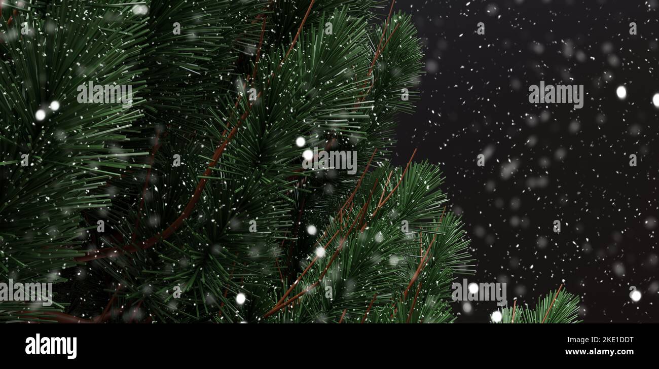 Branche d'arbre de Noël, fond noir bokeh. Chute de neige la nuit. Carte de vœux des fêtes d'hiver, modèle. 3d rendu Banque D'Images
