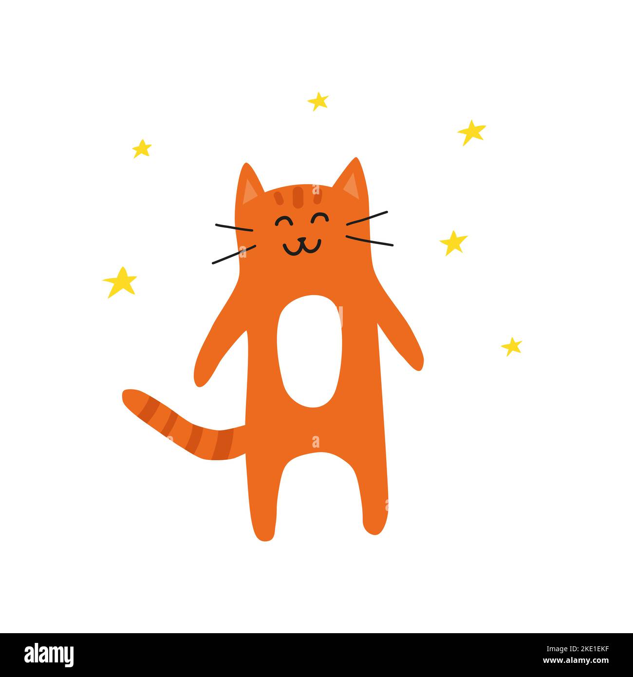 Chat souriant à l'orange ou au gingembre mignon avec des étoiles autour isolées sur fond blanc. Illustration de Vecteur