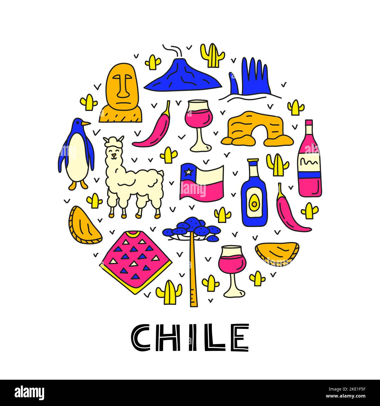 Les icônes chiliennes de couleur Doodle incluent la statue de l'île de Pâques, le volcan Villarrica, l'arbre d'araucaria, les empanadas, le pingouin, poncho, alpaga, huile d'avocat Illustration de Vecteur