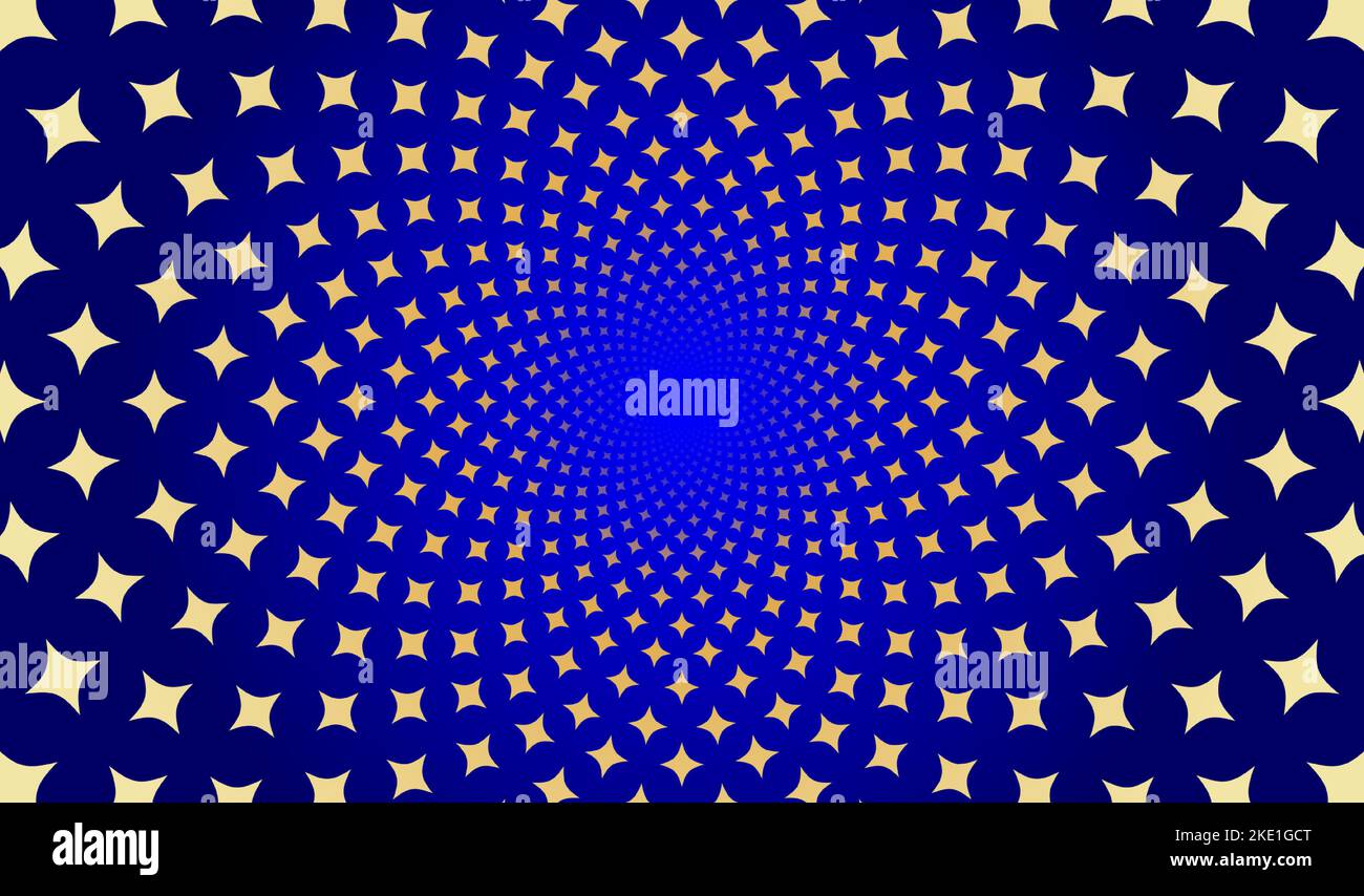 Arrière-plan géométrique en spirale fractale avec étoiles dorées en mosaïque se déplaçant sur fond bleu. Illustration de Vecteur