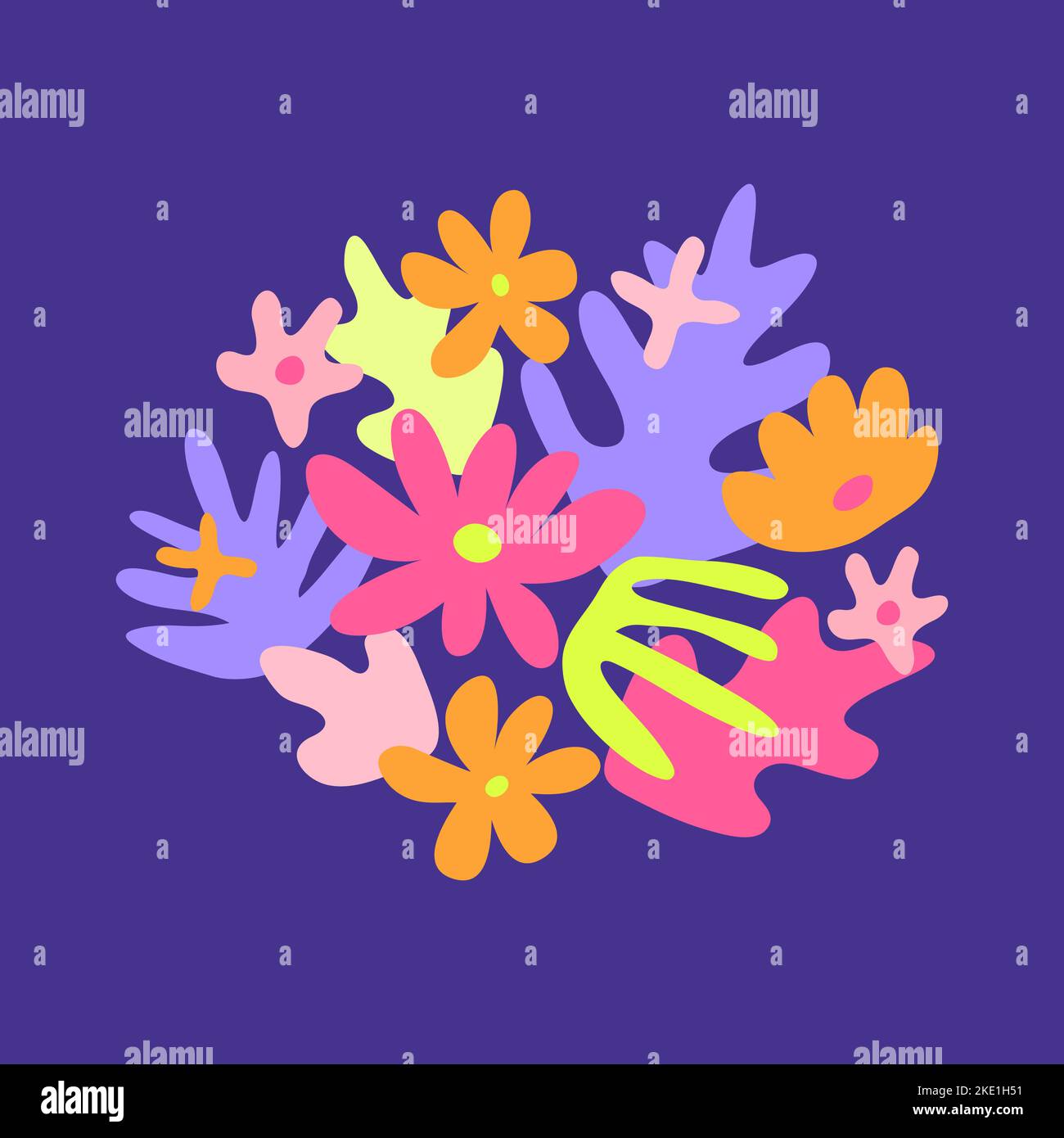 Composition de feuilles et de fleurs tropicales colorées et doodle isolées sur fond violet. Affiche moderne mignonne. Illustration de Vecteur