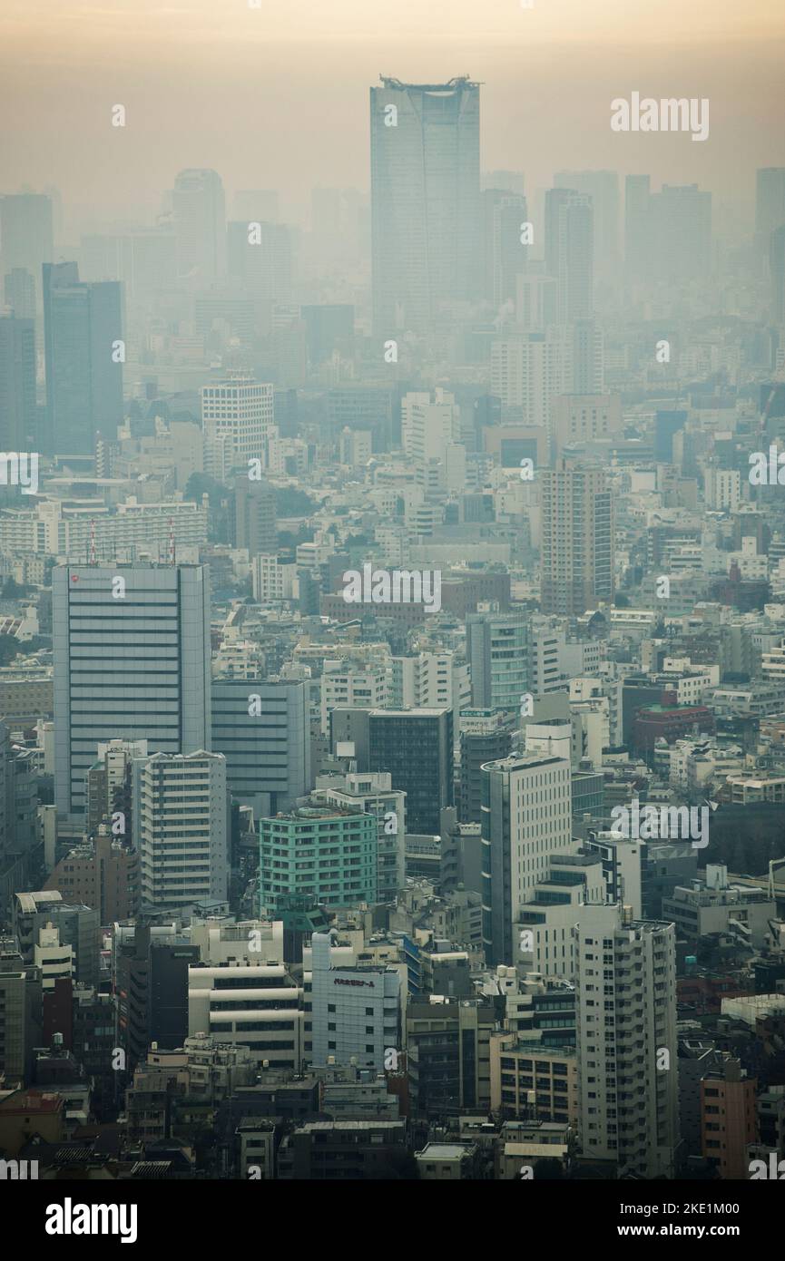 Centre de Tokyo, vu d'en haut, lors d'une journée particulièrement enfumée, Tokyo, Japon. Banque D'Images