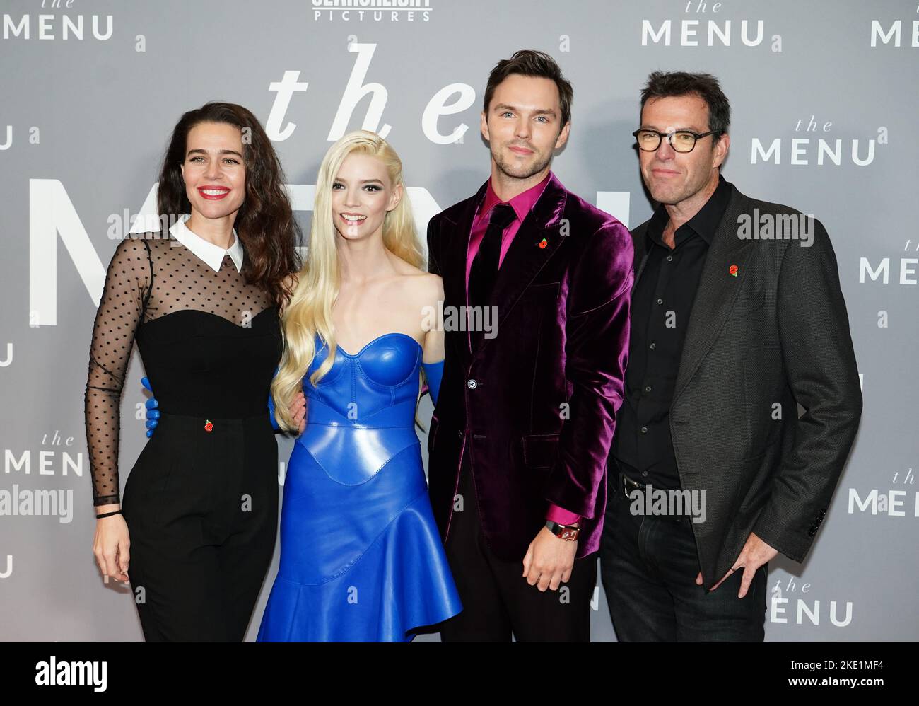 (De gauche à droite) Betsy Koch, Anya Taylor-Joy, Nicholas Hoult et Mark Mylod arrivent pour la première britannique du Menu, au bord de la rivière BFI Southbank à Londres. Date de la photo: Mercredi 9 novembre 2022. Banque D'Images