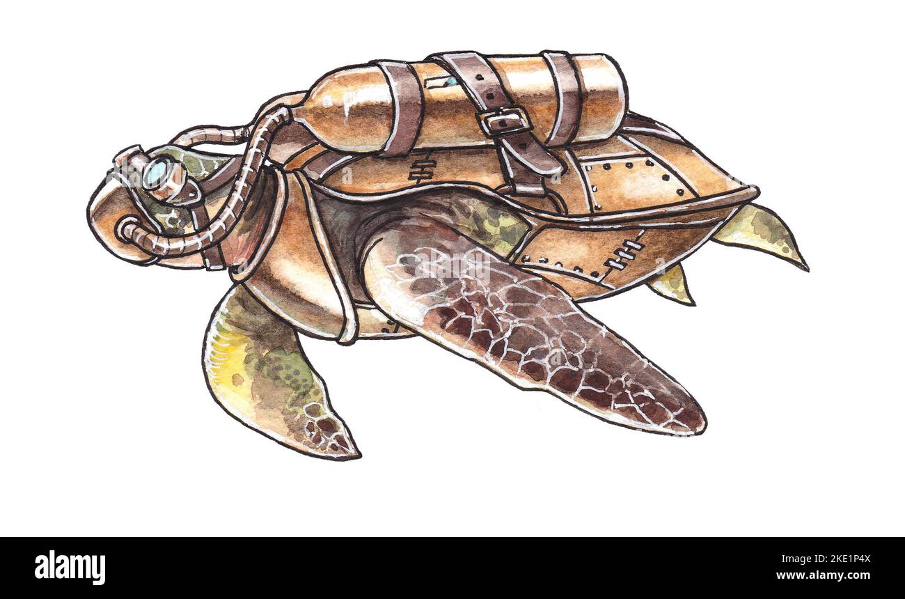 Illustration aquarelle d'une tortue steampunk. Illustration de la tortue de mer. Mise en plan de la soupe aux tortues Banque D'Images