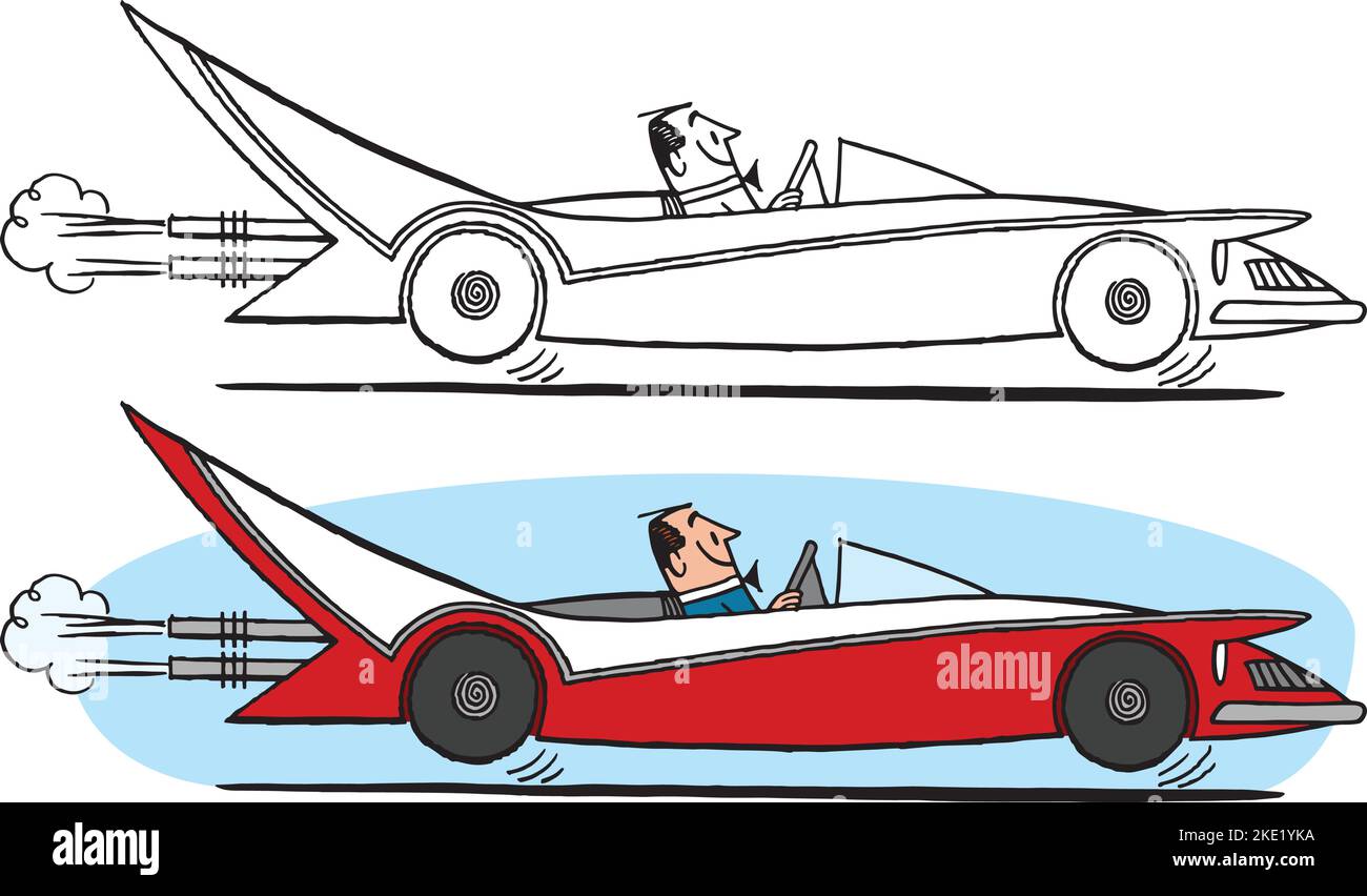 Un dessin animé rétro vintage d'un homme qui prend une joyride dans sa voiture de sport décapotable. Illustration de Vecteur