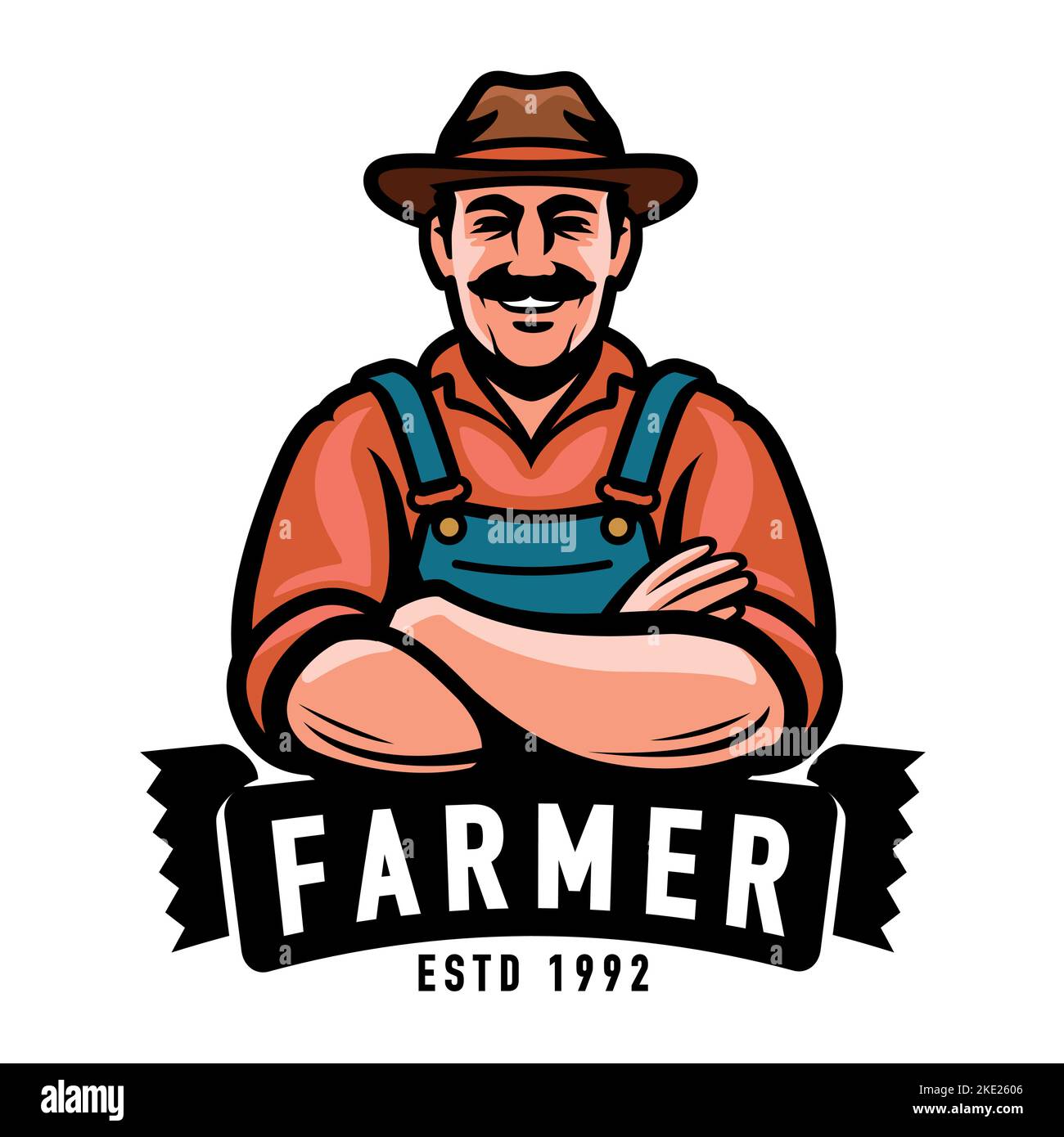 Emblème de l'agriculteur. Joyeux ouvrier agricole dans le symbole ou le logo de chapeau. Agriculture, illustration du vecteur de concept d'agriculture Illustration de Vecteur