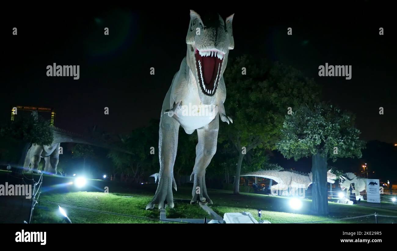 Le parc des dinosaures du Dubai Garden Glow Park, illuminé la nuit. Beaucoup de dinosaures différents ont l'air vivants. Photo de haute qualité Banque D'Images