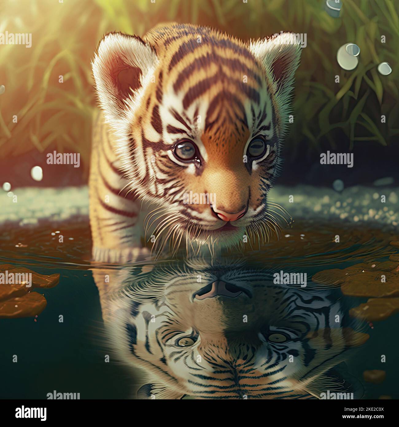 Conceptuel: Un petit tigre cub reflété dans un bassin d'eau, vu un tigre adulte miroir à l'intérieur. Concept de courage, de potentiel, de menace et de peur Banque D'Images Conceptuel: Un petit tigre cub reflété dans un bassin d'eau, vu un tigre adulte miroir à l'intérieur. Concept de courage, de potentiel, de menace et de peur Banque D'Images