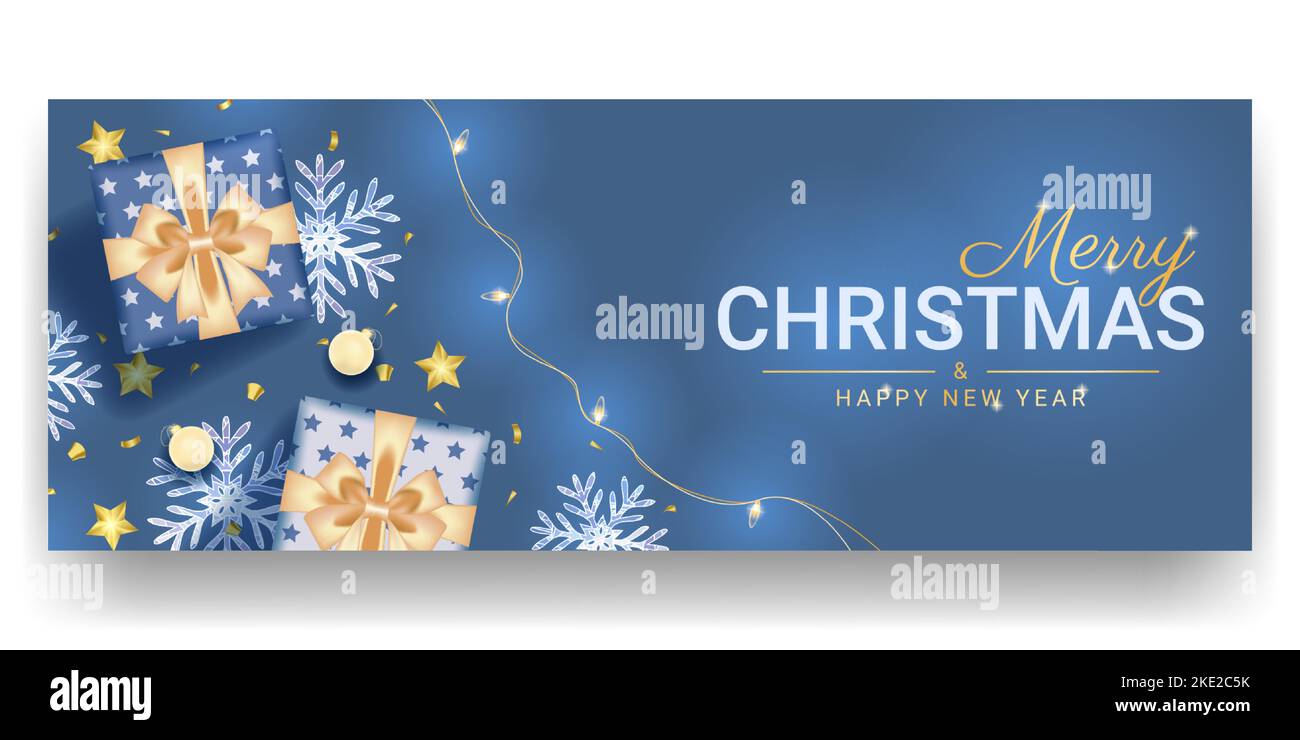 joyeux noël et joyeux nouveau design de bannière avec une décoration bleue réaliste Illustration de Vecteur