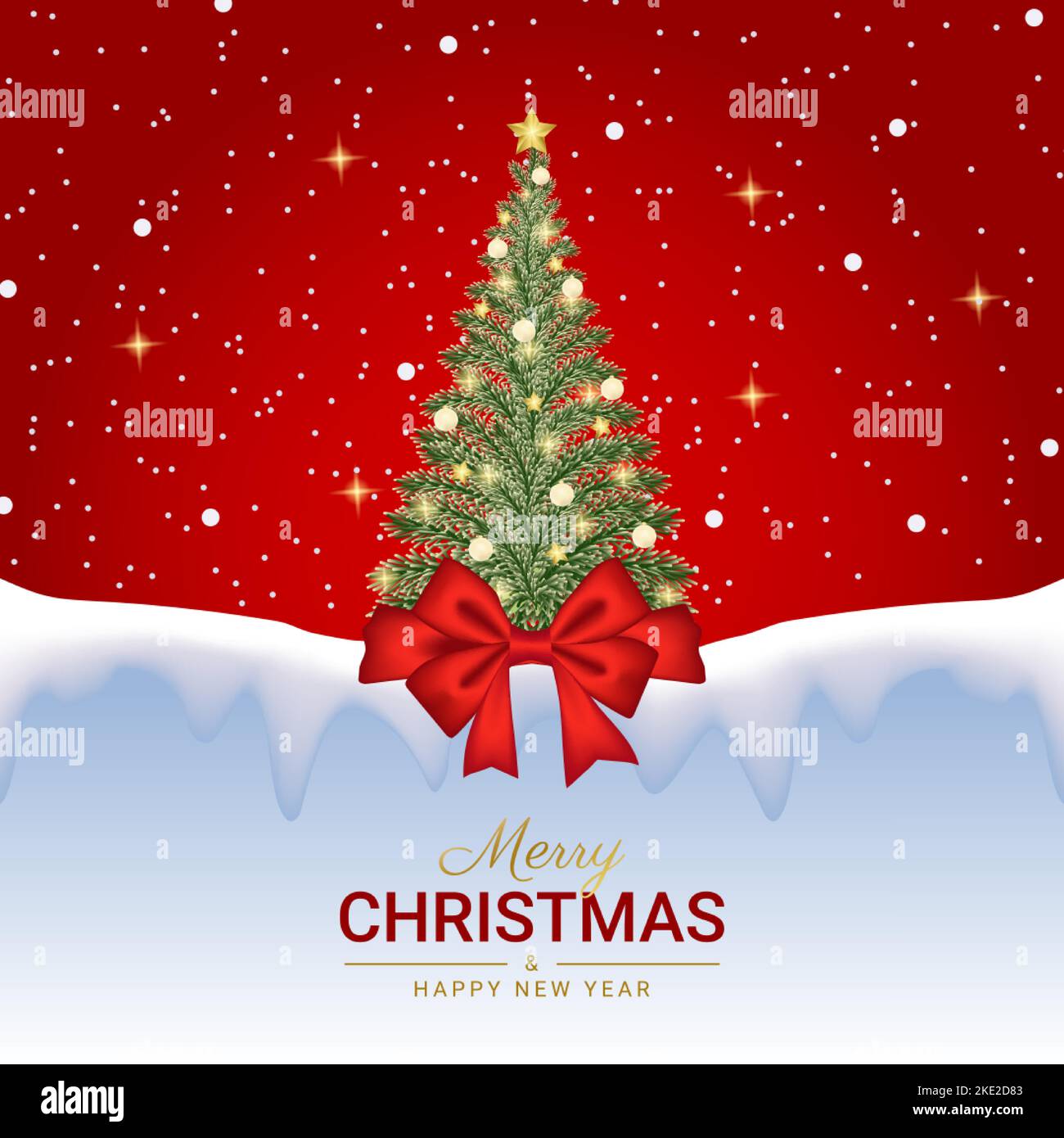 Joyeux Noël et bonne carte de vœux du nouvel an avec arbre de Noël réaliste et fond étoilé rouge Illustration de Vecteur