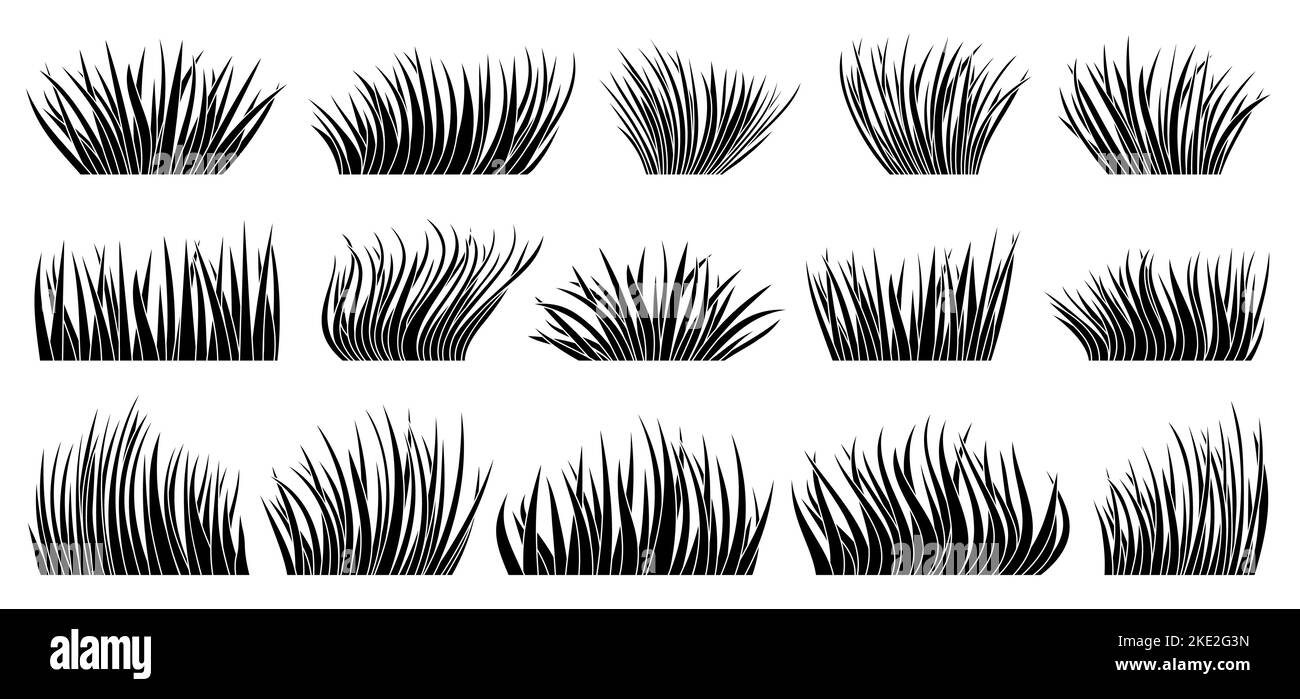 Ensemble de silhouette de gazon naturel biologique noir. Contour bio herbe prairie. ECO plante frais brousse forme différente ressort herbe sur fond blanc. Verdure feuilles bande dessinée feuillage bordure de paysage Illustration de Vecteur