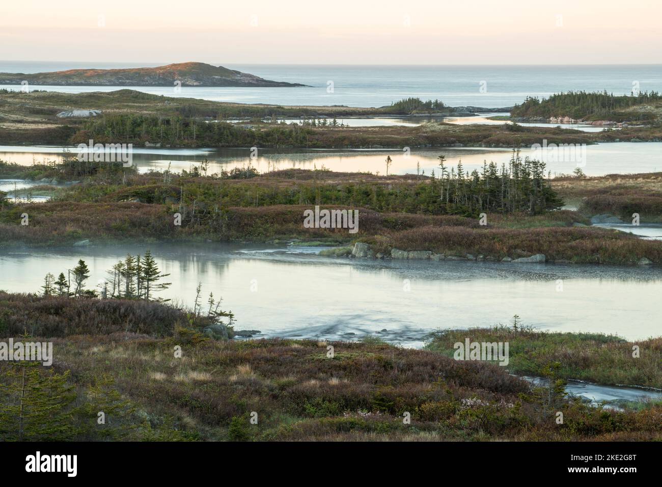 Étangs et terrain sans arbres au lever du soleil, près de Port of Basques, Terre-Neuve-et-Labrador, T.-N.-L., Canada Banque D'Images