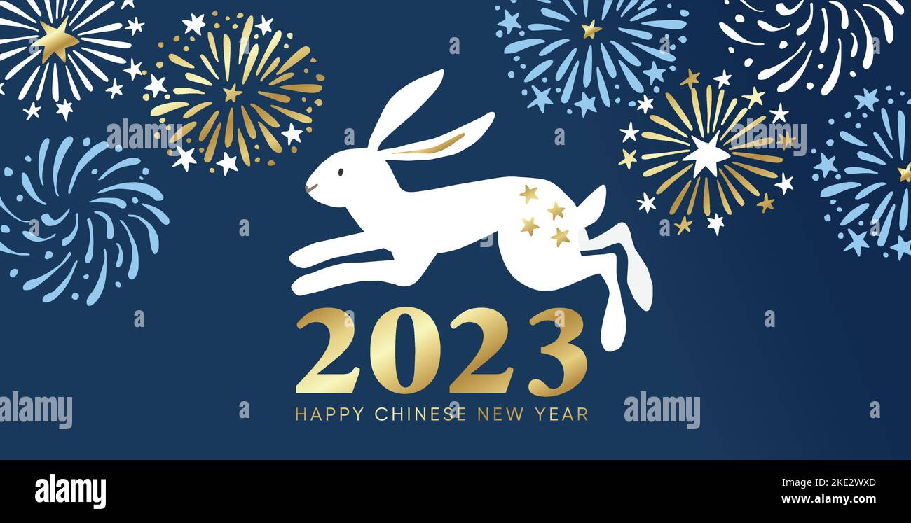 Carte de vœux du nouvel an chinois 2023, invitation avec lapin blanc, animal lièvre. Étoiles dorées et feux d'artifice. Zodiaque asiatique, calendrier lunaire. Festif Illustration de Vecteur