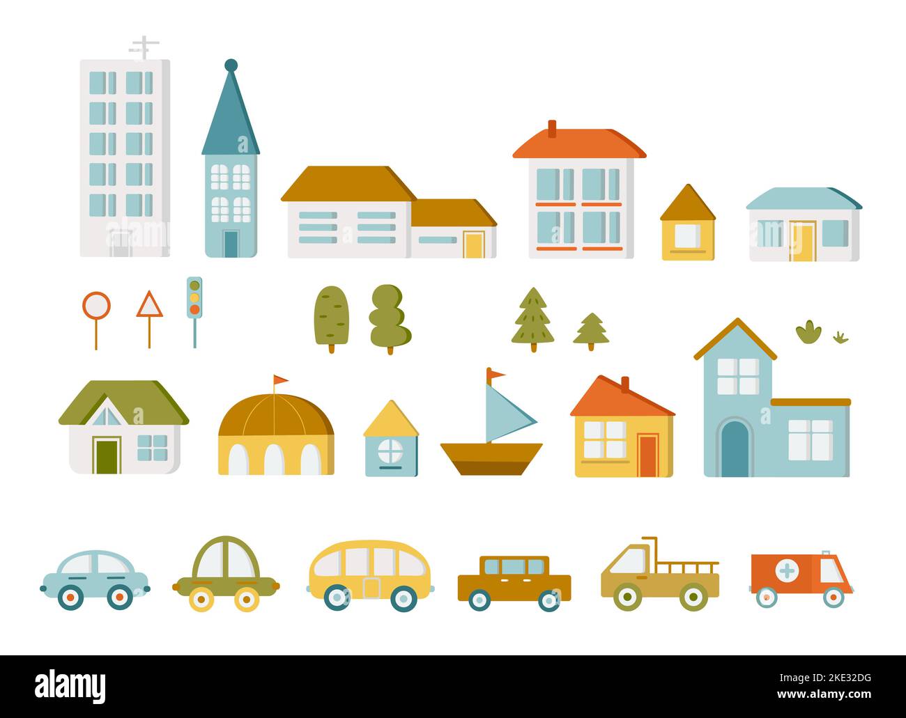 Éléments de design d'une ville moderne. Créez une carte de votre propre ville avec des maisons et des voitures Illustration de Vecteur