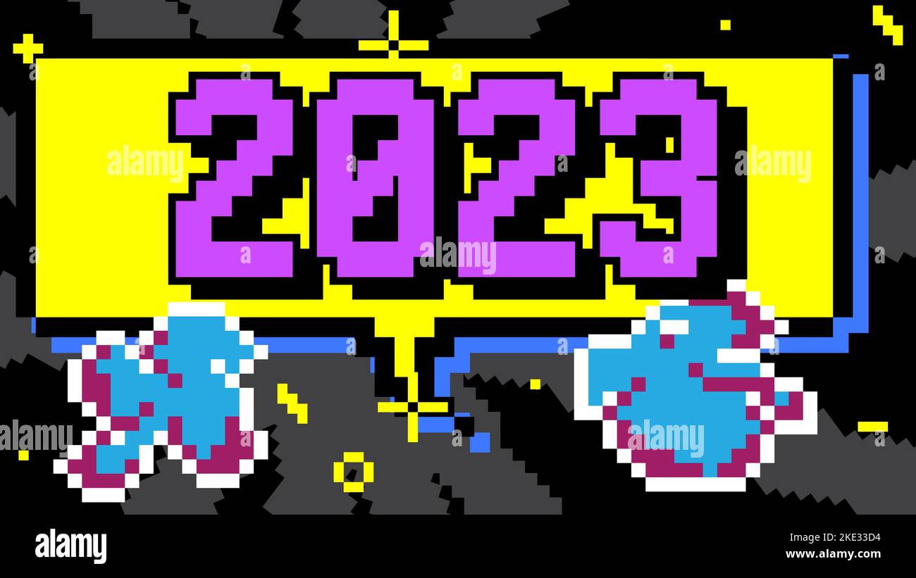 2023. Nombre pixélisé avec arrière-plan graphique géométrique. Illustration de dessin animé vectoriel. Illustration de Vecteur