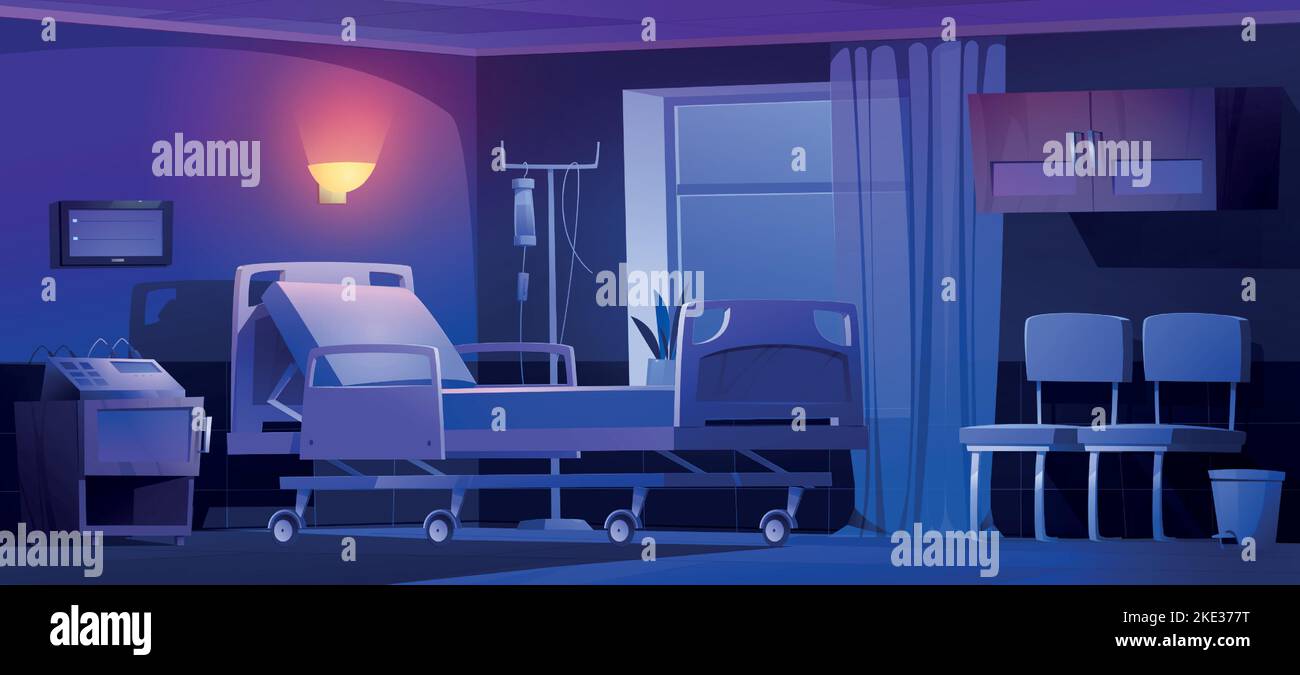 Chambre d'hôpital privée avec lit médical et équipement moderne pour la surveillance de la santé. Salle de réanimation individuelle en clinique avec un endroit confortable pour dormir le soir, illustration vectorielle Illustration de Vecteur