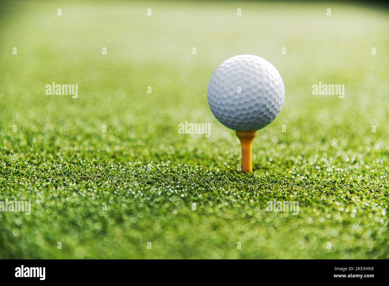 Mise au point douce de la petite balle de golf blanche sur le tee-shirt prêt à frapper dans le jeu sur le green course Banque D'Images