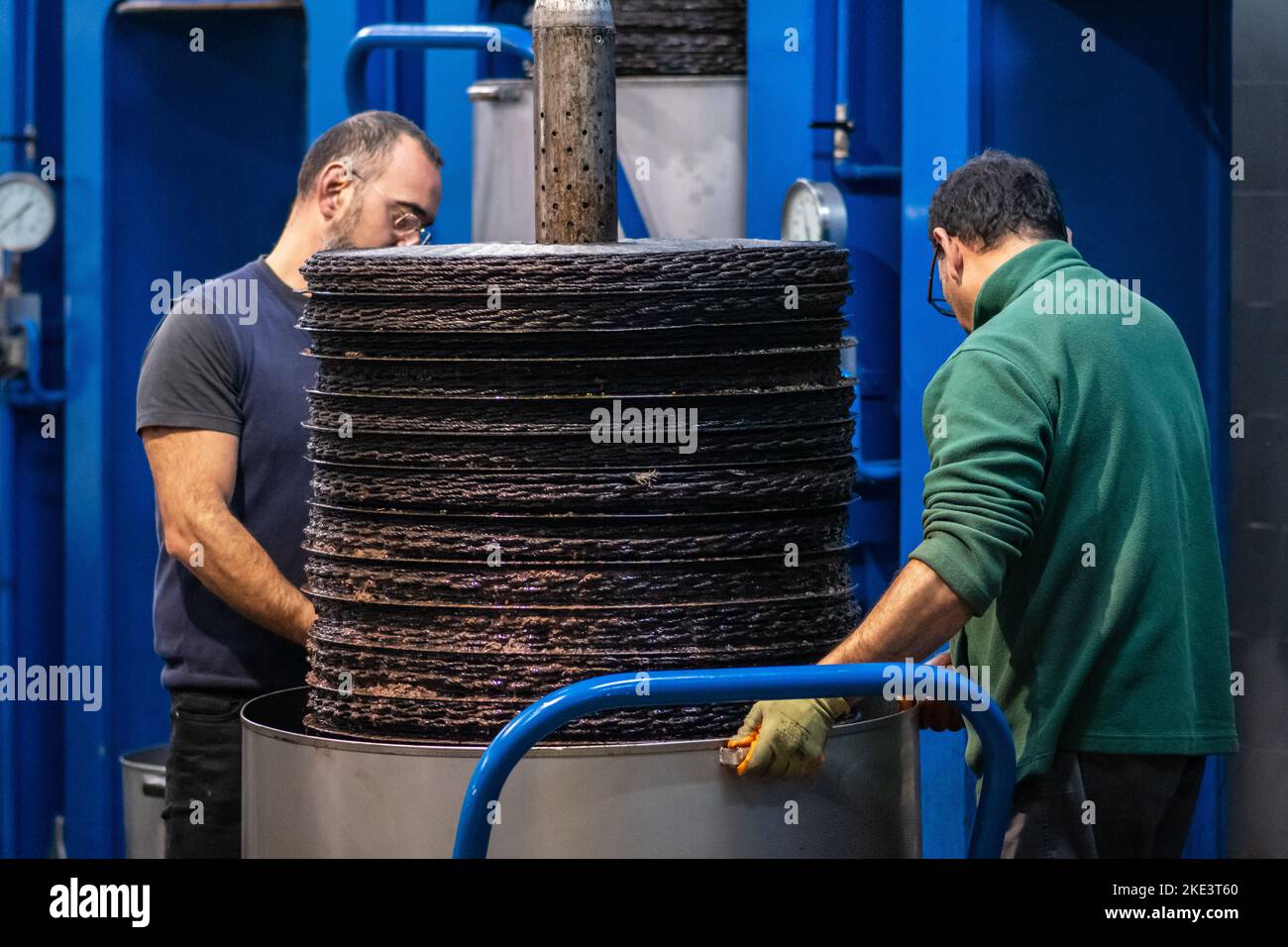 Production écologique d'huile d'olive extra vierge avec la technologie moderne, réservoirs, boîtes, presse Banque D'Images