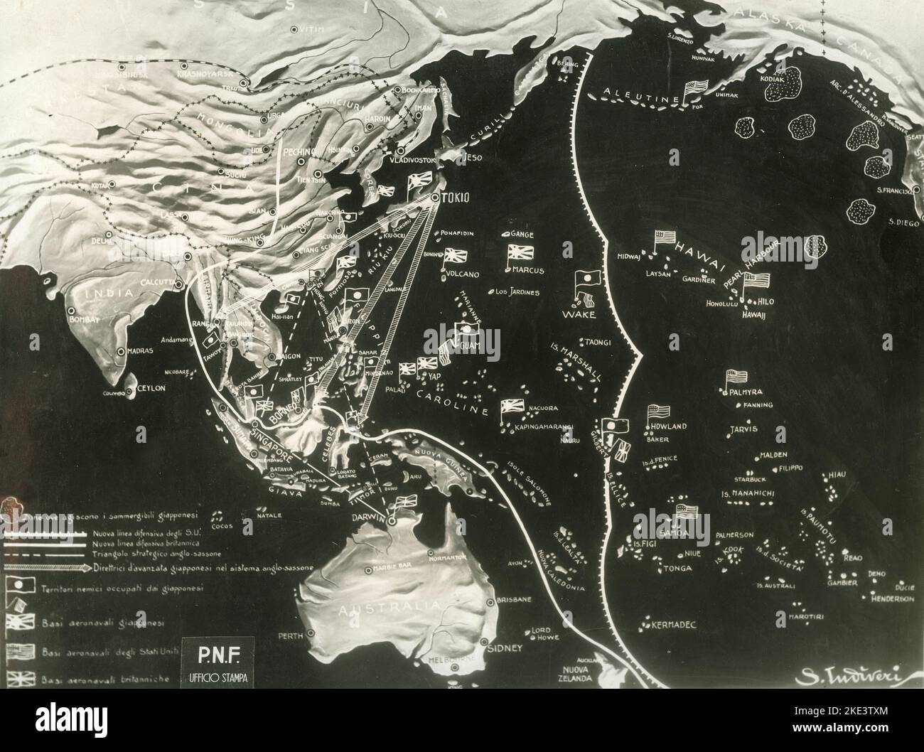 La guerre dans le front du Pacifique : carte de l'extrême Asie, de l'Australie et des îles du Pacifique, d'après la documentation du Parti fasciste national, Italie 1942 Banque D'Images