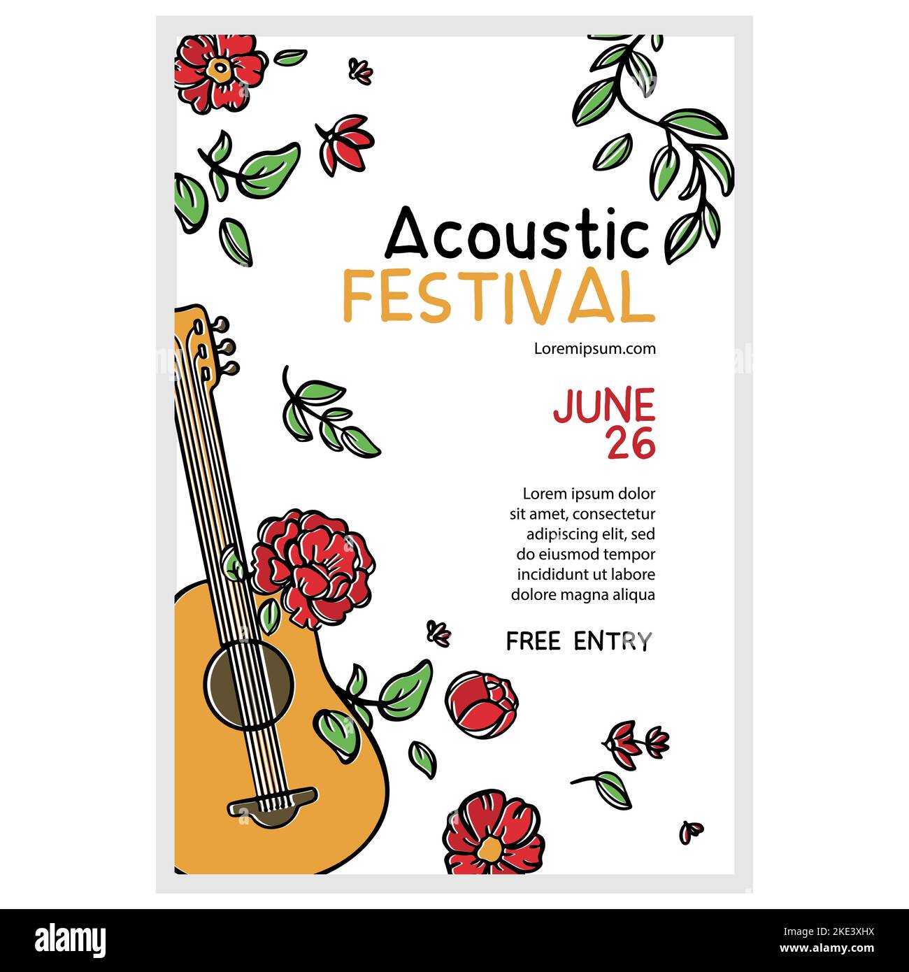 BANDEAU ACOUSTIQUE Festival de musique affiche avec invitation votre texte 6 String Guitare Roses rouges et feuilles sur fond blanc dessin vectoriel dessiné à la main pour Illustration de Vecteur