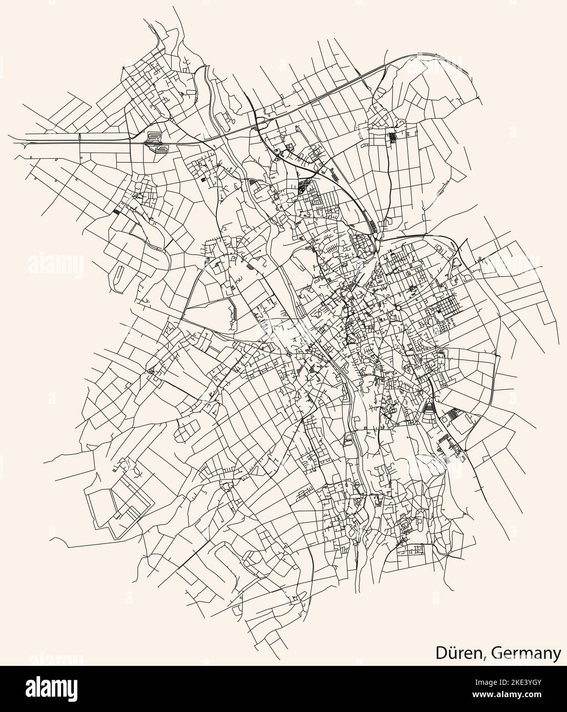Navigation détaillée lignes noires rues urbaines carte de la capitale régionale allemande de DÜREN, ALLEMAGNE sur fond beige vintage Illustration de Vecteur
