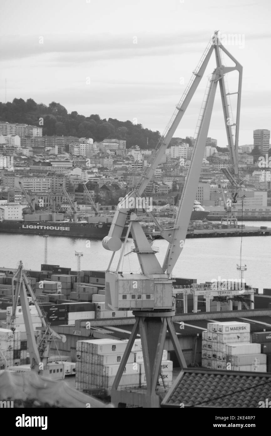 Un cliché en échelle de gris d'une grue de chargement et de déchargement pour les conteneurs de fret sur le port maritime Banque D'Images