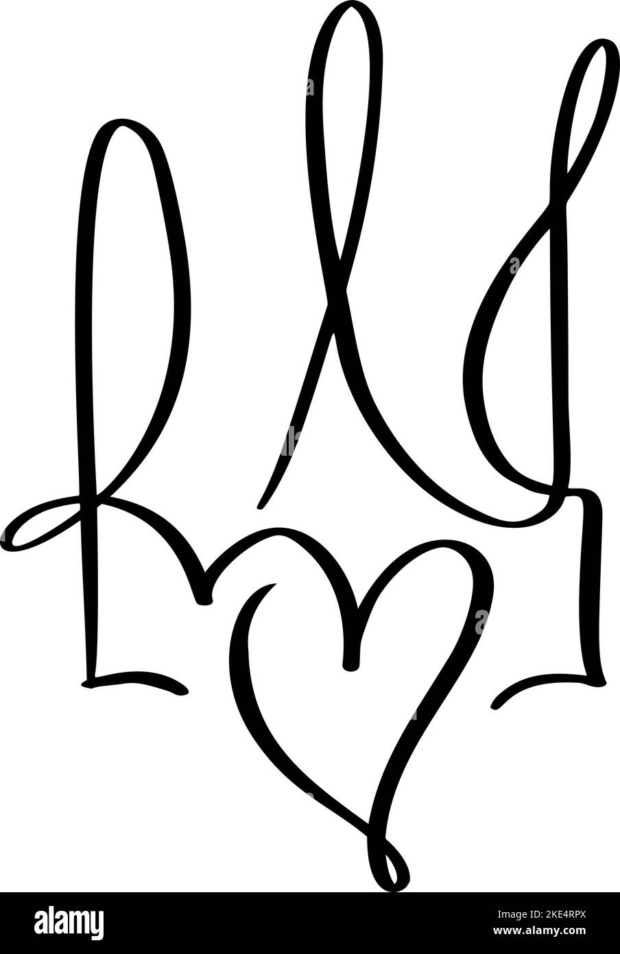 Vecteur National ukrainien symbole Trident icône avec coeur amour. Calligraphie dessinée à la main armoiries d'Ukraine emblème d'État illustration de couleur noire Illustration de Vecteur