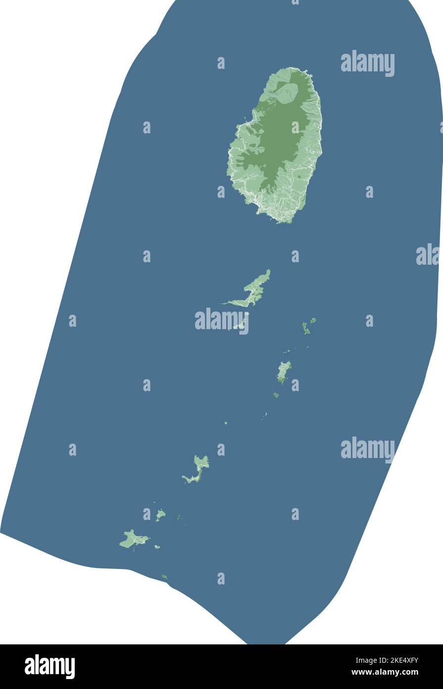 Carte de Saint-Vincent-et-les Grenadines, pays insulaire des Caraïbes. Carte détaillée avec frontière administrative, bâtiments, mer et forêts, villes et routes. Illustration de Vecteur