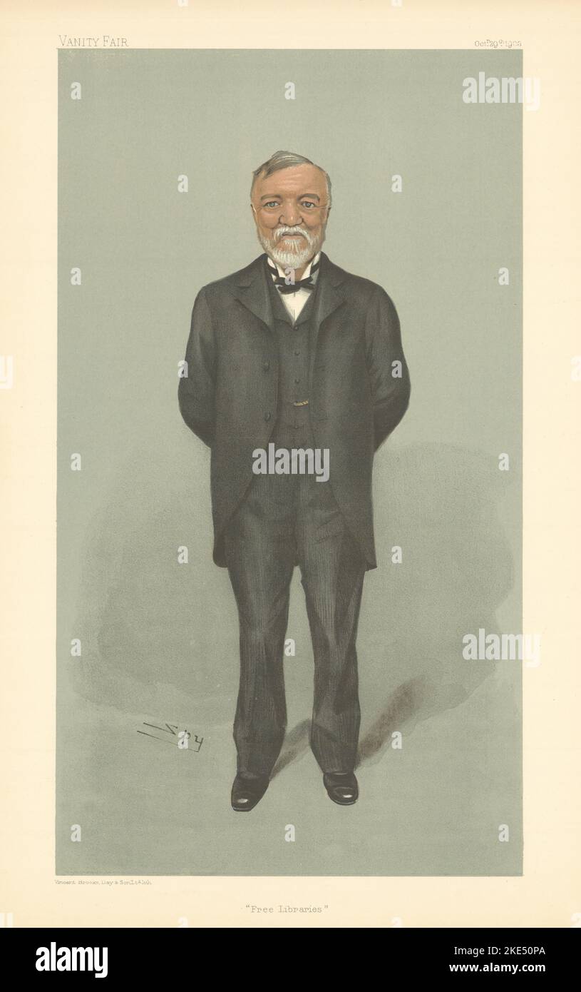 VANITY FAIR ESPION CARICATURE M. Andrew Carnegie 'Free Libraries' USA 1903 Old print Banque D'Images