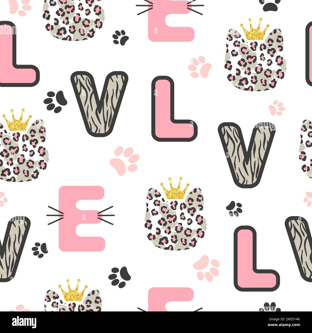 Motif enfant sans couture avec joli chat léopard et lettres, Illustration de Vecteur