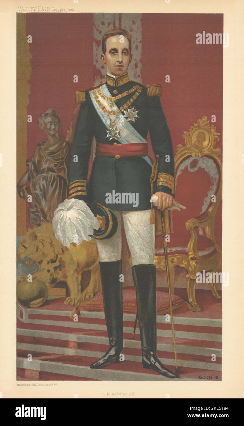 LE DESSIN ANIMÉ HM Alfonso XIII de l'Espagne. Roi d'Espagne. Par GUTH 1906 Banque D'Images