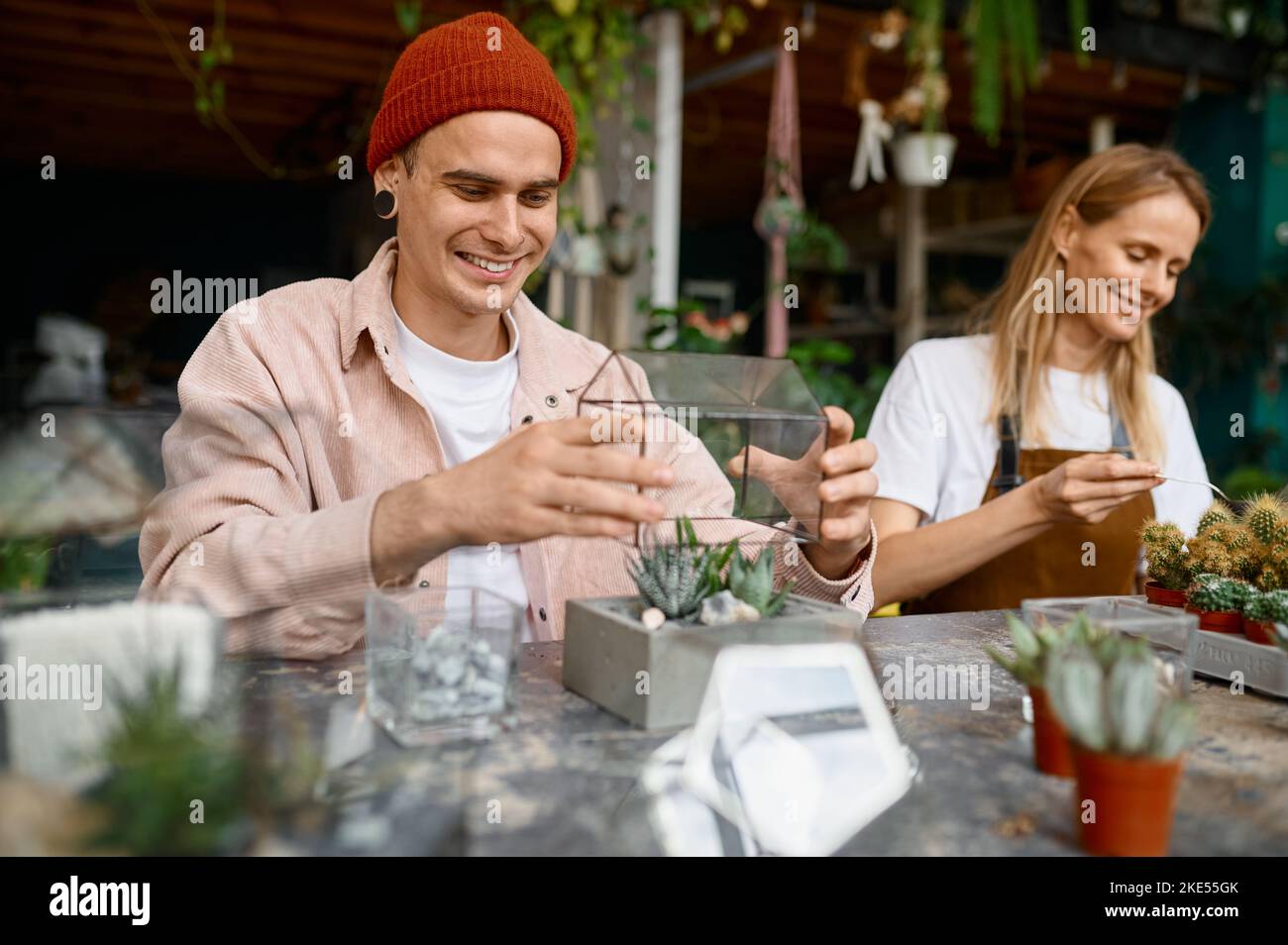 Jeunes fleuristes organisant des plantes et en faisant du florarium Banque D'Images