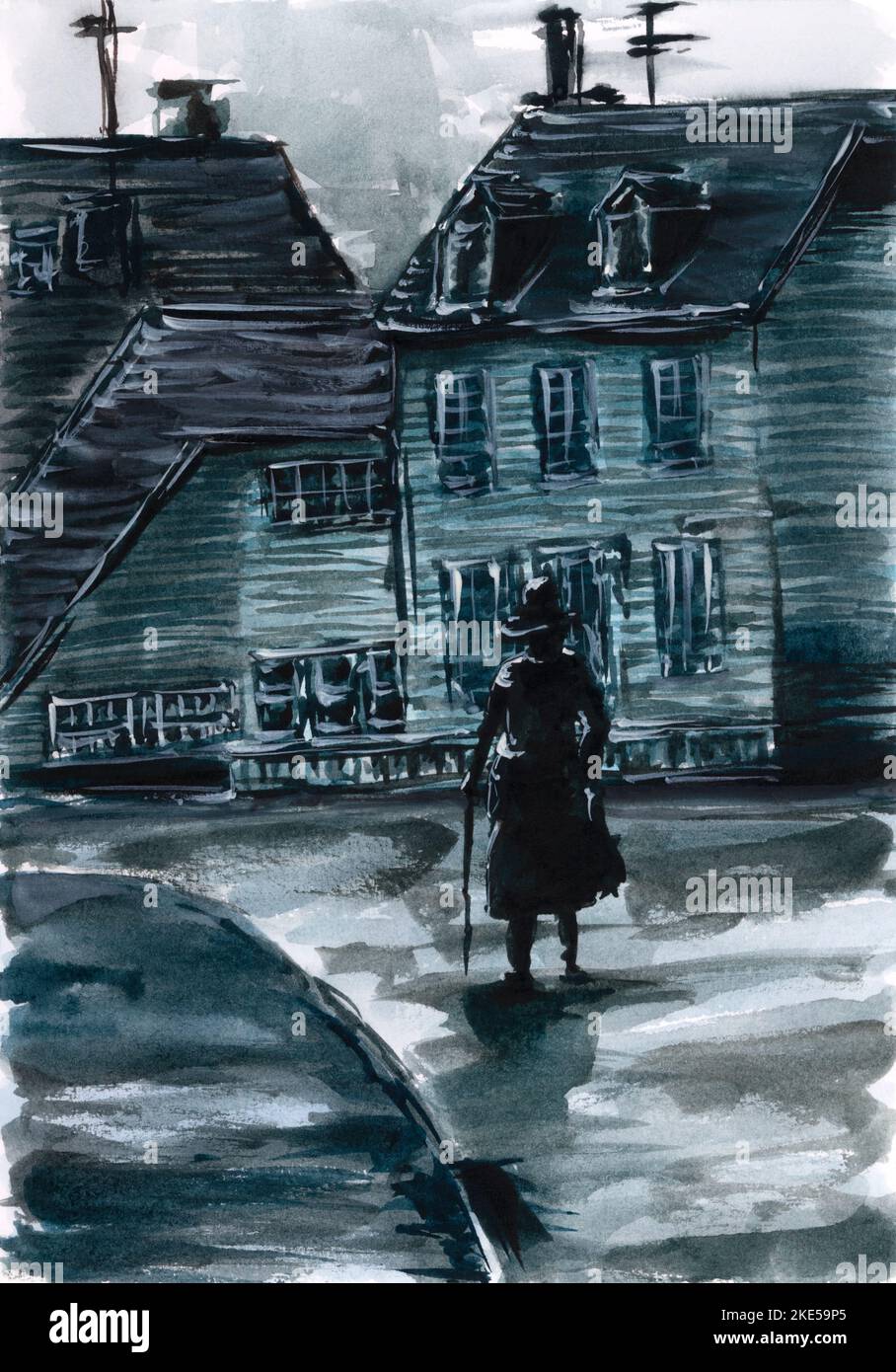 Personne dans la rue par mauvais temps. Aquarelle sur papier. Banque D'Images