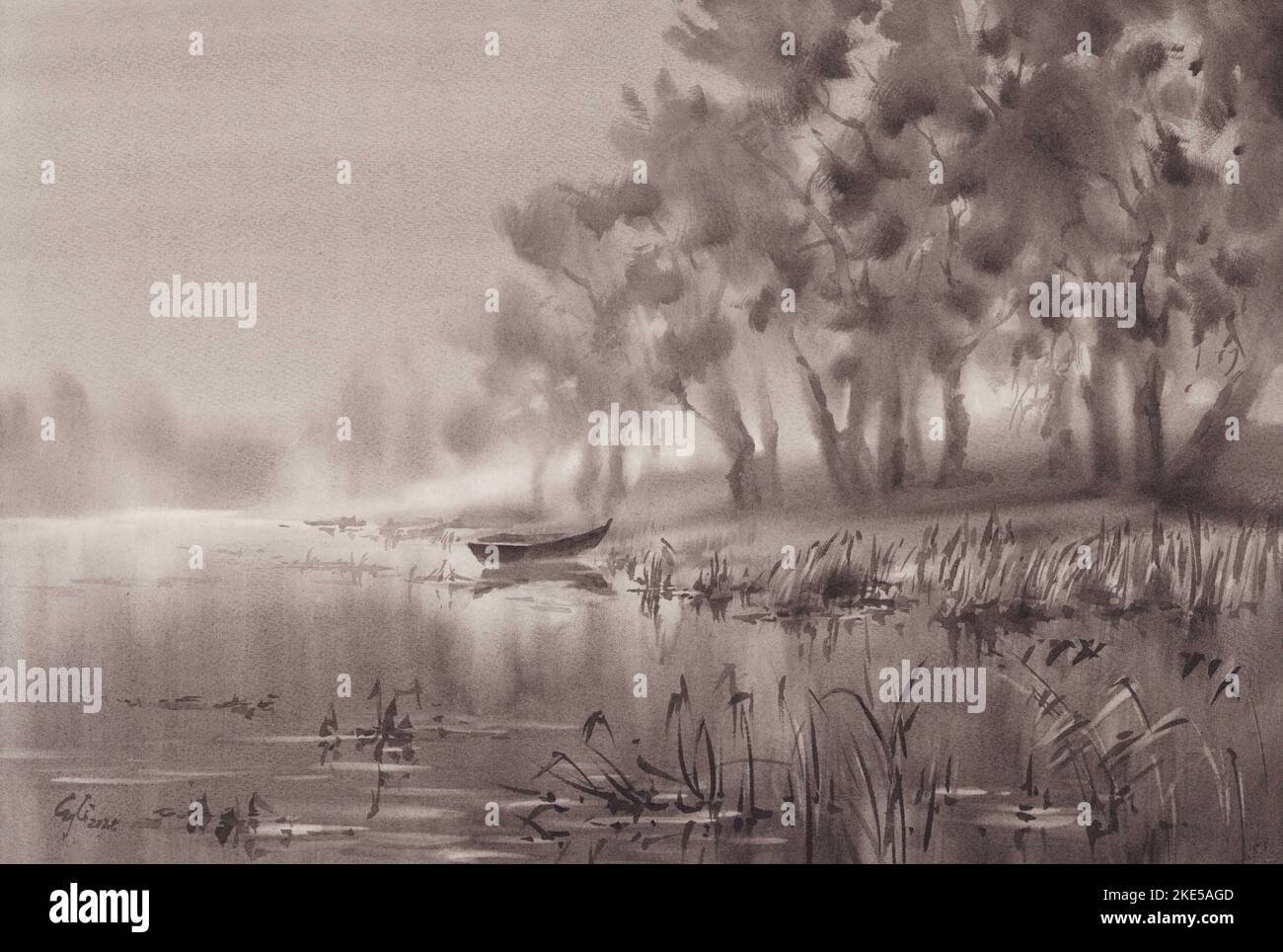 Un bateau au bord du lac dans la brume aquarelle fond Banque D'Images