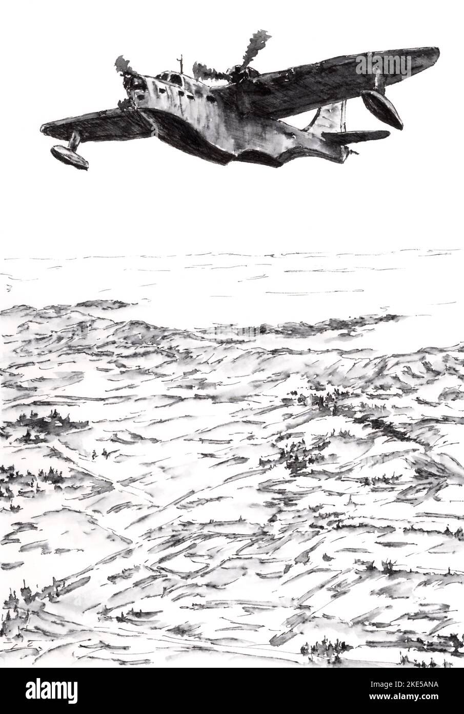 Bateau-mouche militaire à deux moteurs au-dessus de la côte. Encre sur papier. Banque D'Images
