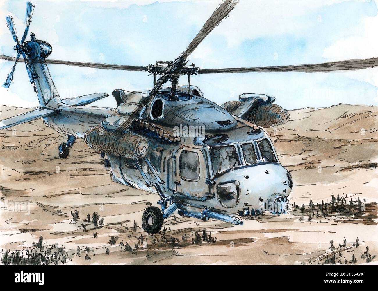 Hélicoptère militaire utilitaire moderne au-dessus de la terre. Encre et aquarelle sur papier. Banque D'Images