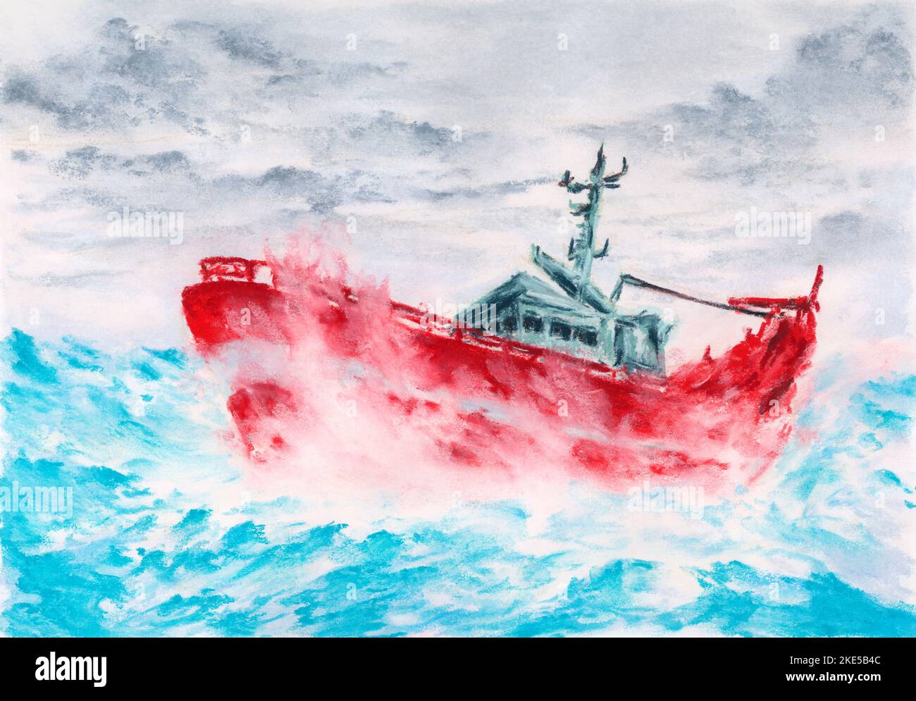 Bateau rouge sur la mer orageux. Pastel sur papier. Banque D'Images