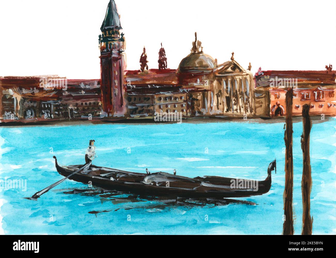 Dessin aquarelle de Venise: Gondolier en gondole avec les touristes qui  naviguent dans un canal étroit entre les vieux bâtiments colorés et le pont  en pierre Photo Stock - Alamy