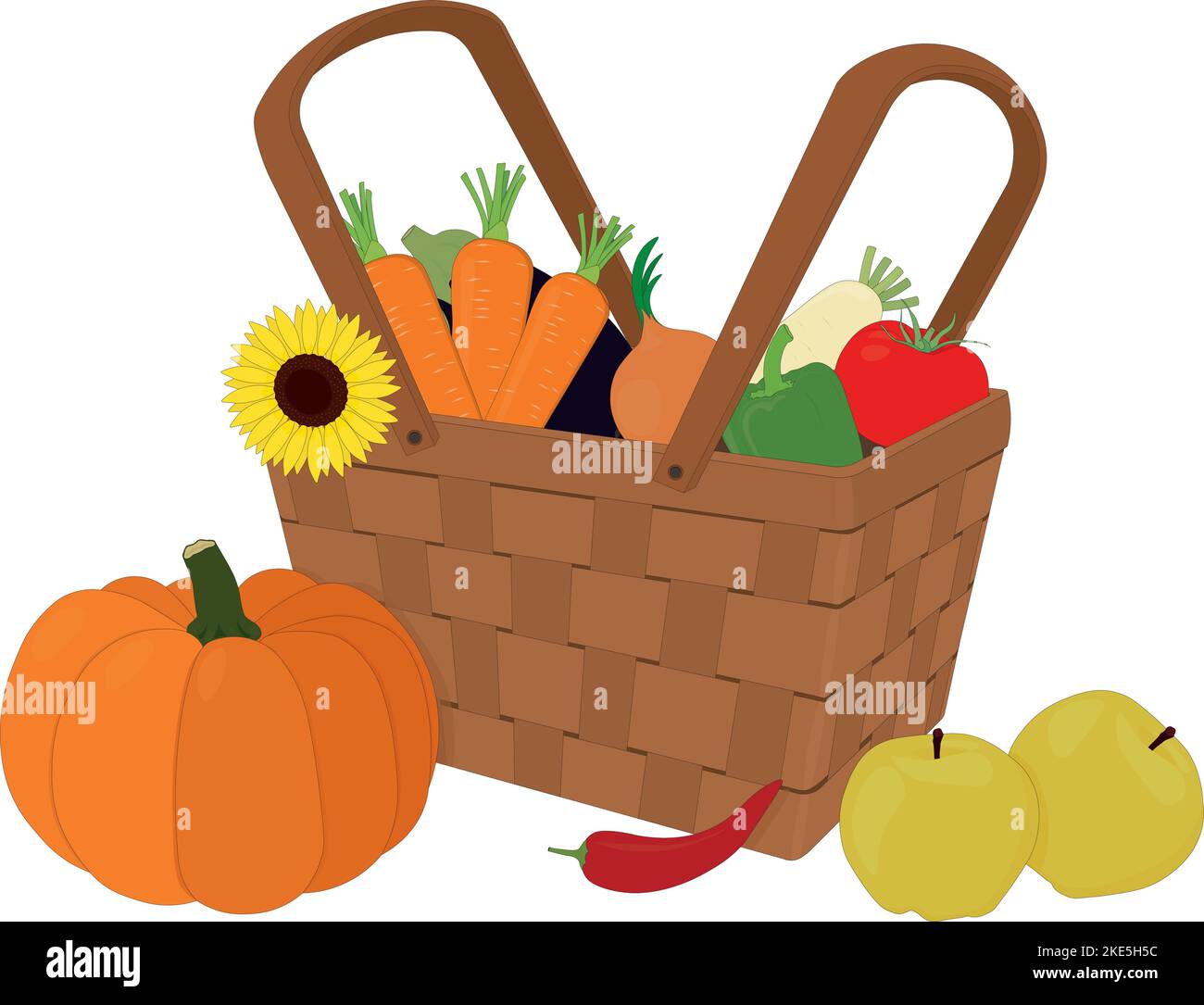 Joyeux jour d'action de grâce, bonne heure de récolte, panier avec légumes d'automne et illustration vectorielle de fruits Illustration de Vecteur