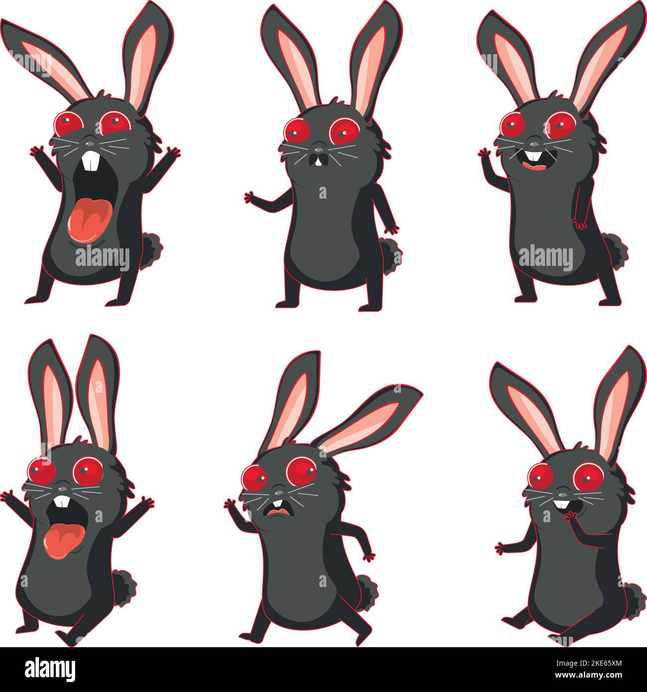 Lapin noir nerveux dans différentes poses et expressions ensemble. Illustration de Vecteur