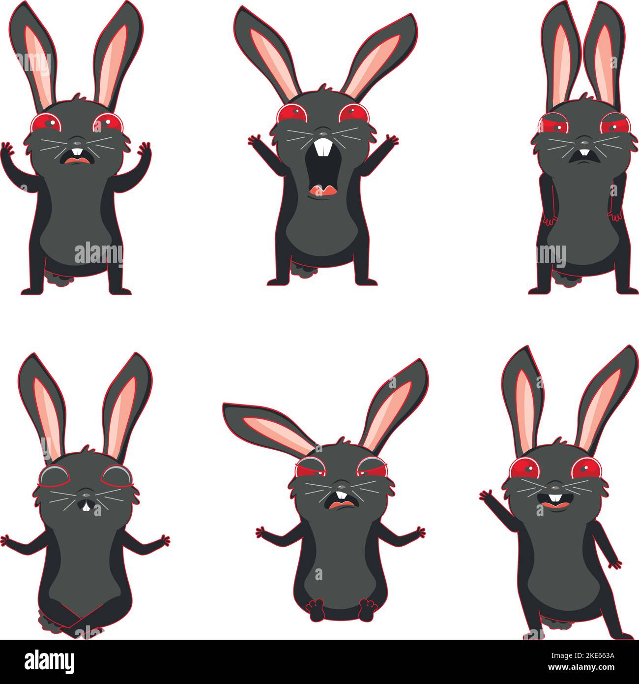 Lapin noir nerveux dans différentes poses et expressions ensemble. Illustration de Vecteur