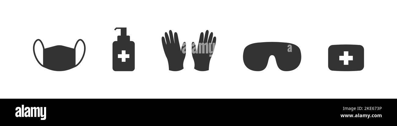 Équipement de protection individuelle. Sauvegardez-vous des virus. Masque médical, gants en latex, savon, distributeur, lunettes de protection. Illustration vectorielle Illustration de Vecteur