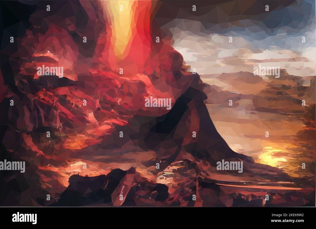 Éruption volcanique dans le paysage rocheux sur la mer. Vecteur en poly-Art. Faible Illustration de Vecteur
